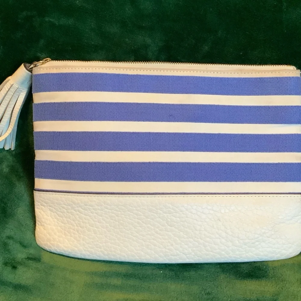 Kate Spade Cream & Blue Striped Fabric Clutch